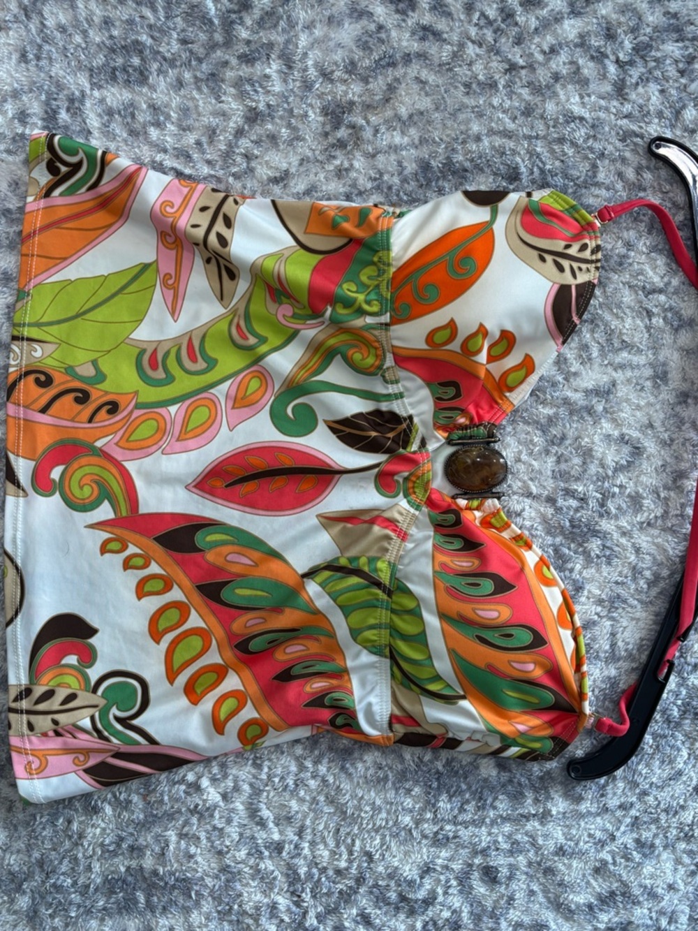 Colorful Tropical Leaf Print swim top - White Base with Orange, Green, Pink